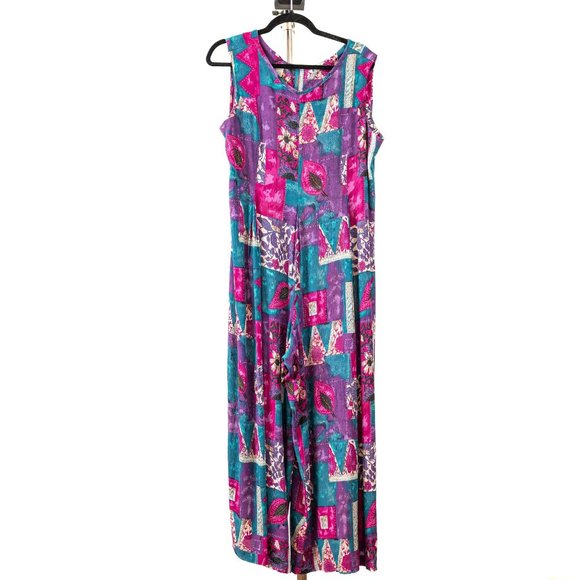 Vintage 90s Jumpsuit Sleeveless Purple Pink Green Floral Boho Women's 16 - Picture 1 of 3